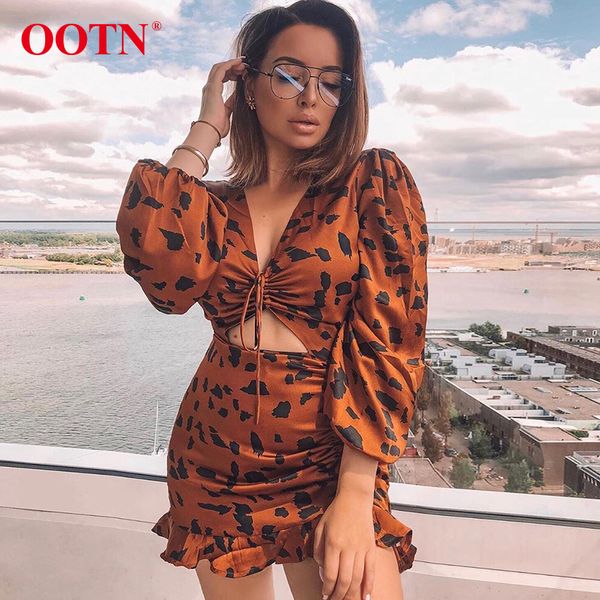 

ootn ruffle drawstring leopard dress women v-neck puff sleeve mini dress 2019 fashion vintage animal print ladies dresses, Black;gray
