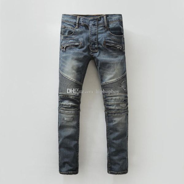 

luxury mens pants distressed ripped biker jeans slim fit motorcycle biker denim jean fashion mens designer jeans casual trouser, Blue