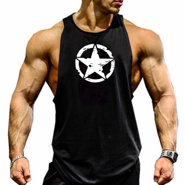 

men sleeveless summer brank logo print tank bodybuilding fitness men tank sports running vest gym muscle undershirt, Black;blue