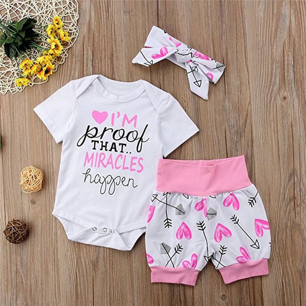 

3pcs newborn baby girls short sleeve letter arrow print romper jumpsuit shorts outfits infant girls summer holiday clothing, White
