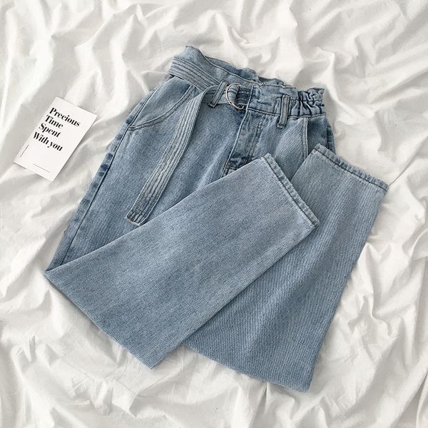 

spring casual loose jeans women fashion high waist blue denim long trousers with belt female streetwear bottoms
