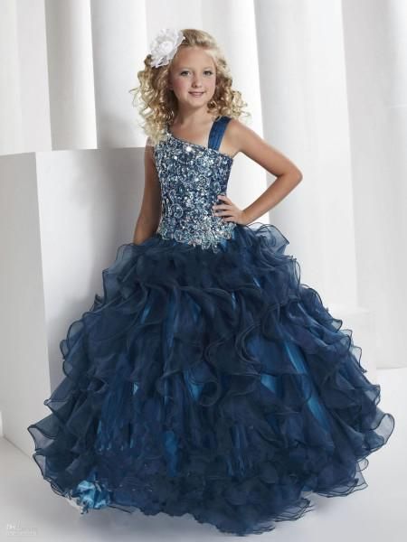 

2019 princess spaghetti straps ball gown glitz pageant dresses crystal organza stack up ruffles dark navy pageant little girl dress, White;red
