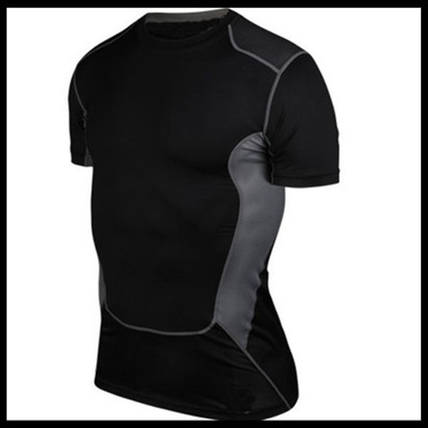 

new 2019 pro fitness men's sports tights stretch running short-sleeved t-shirt summer quick-drying basketball bottoming shirt running, White;black
