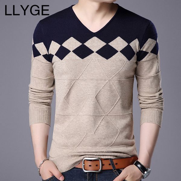 

llyge 2018 autumn winter men v neck wool sweater argyle pattern slim fit knitted pullovers men casual woolen sweaters plus size, White;black