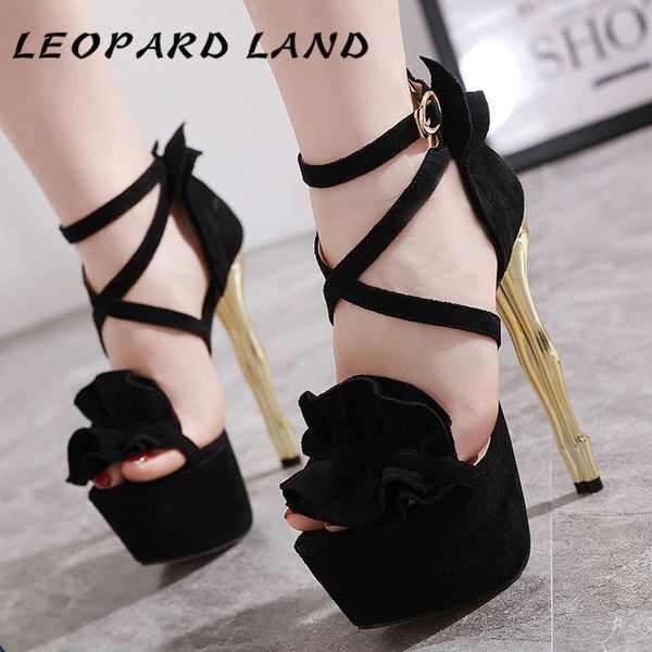 

leopard land summer new high-heeled ruffled sweet high-heeled sandals with fine suede hollow fish mouth buckle women sandals, Black
