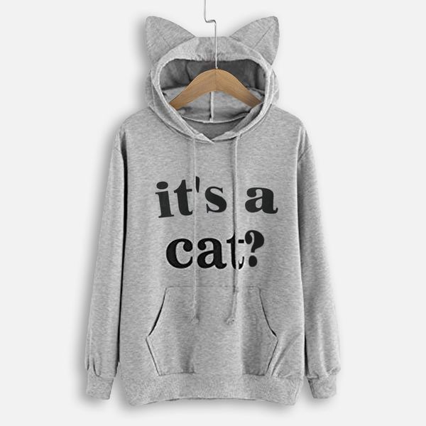

women's sweatshirt hoodies harajuku letter print cute cat ear cap autumn long sleeve pockets slogan pullover hooded moletom 2019, Black