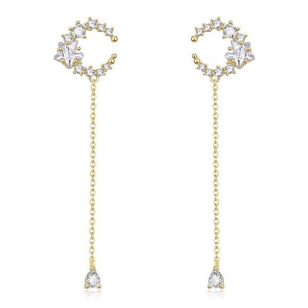 

циркон луна звезда длинные серьги для женщин розовое золото серебряный цвет медь женский мотаться висячие серьги мода уха ювелирные изделия, Silver