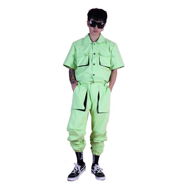 

мужчины лето мульти карманы грузовые комбинезоны мужчина с коротким рукавом streetwear хип-хоп моды комбинезоны брюки singer dancer сценичес, Black