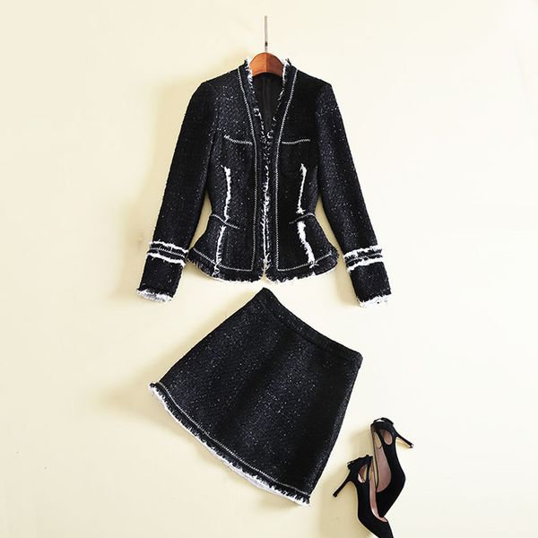 

высокое качество новой осени-зима 2017 дизайнер runway костюм set женской кисточка твид куртка юбка set, White;black