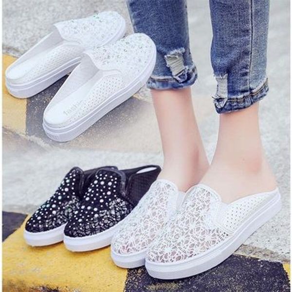 

semi-dumping head summer mesh breathable flat bottom 2019 new slippers, Black