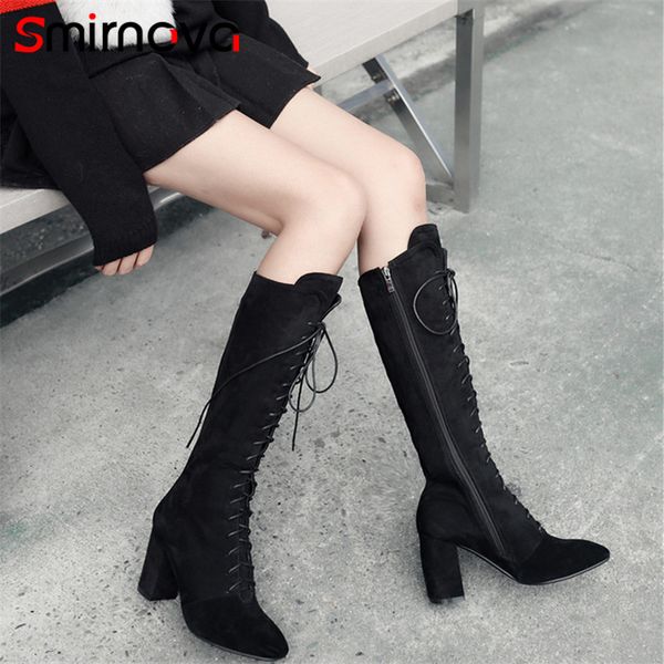 

smirnova 2020 short plush lace up knee high boots thick heels long boots for woman warm suede leather ladies, Black