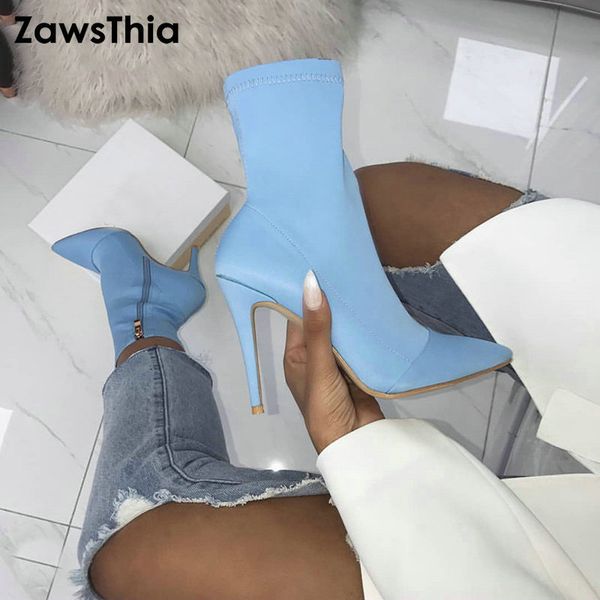 

zawsthia 2019 blue women lycra pointed toe elastic high boots slip on high heel ankle boots women pumps stiletto botas booties, Black