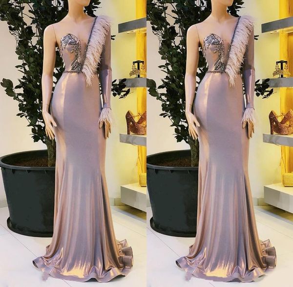 

feather beaded mermaid evening gowns 2020 formal wear evening dress one shoulder long sleeve evening dresses abendkleider robe de soiree, Black;red