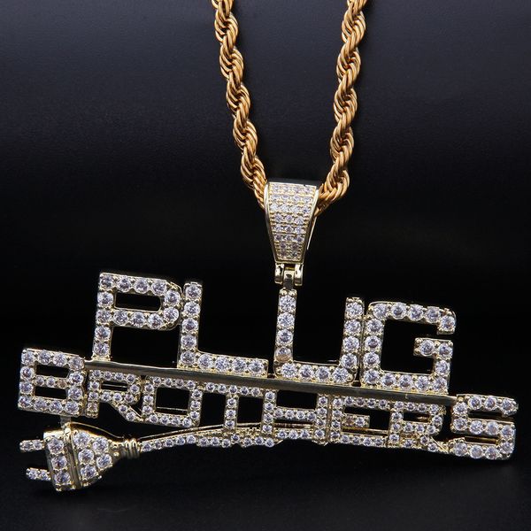 14K vergoldete, maßgeschneiderte neue Design-Halskette mit vollständig vereisten kombinierten Buchstaben mit der Aufschrift „Plug Brothers“ HipHop-Anhänger-Halskette