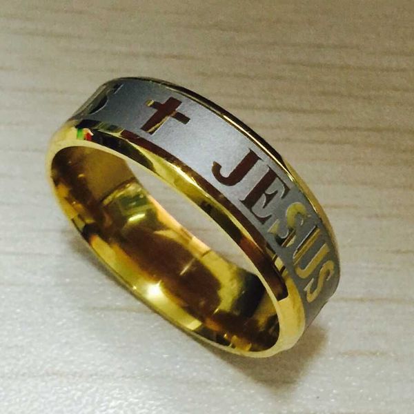 Alta qualidade de alta qualidade Grande 8mm 316 Titanium Steel Silver Gold Color Jesus Cruz Cross Letter Bíblia Anel Ring Men Mulheres