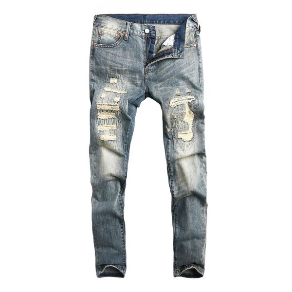 

fashion vintage designer men jeans slim fit retro wash ripped jeans men destroyed embroidery streetwear hip hop, Blue