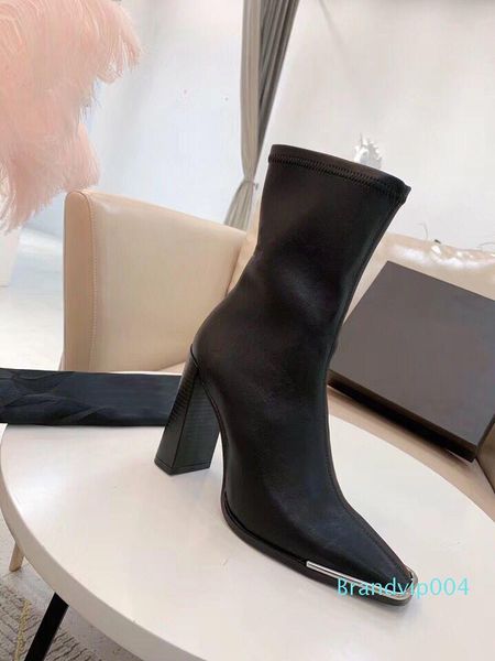 

fashion boots 2019 new high heels leather suede elastic boots heavy heel metal woman shoes zipper square head short boots 35-41, Black