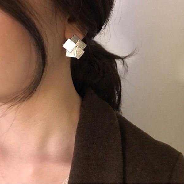 

women punk style earrings golden square shaped stud earrings geometric multi layered studs, Golden;silver
