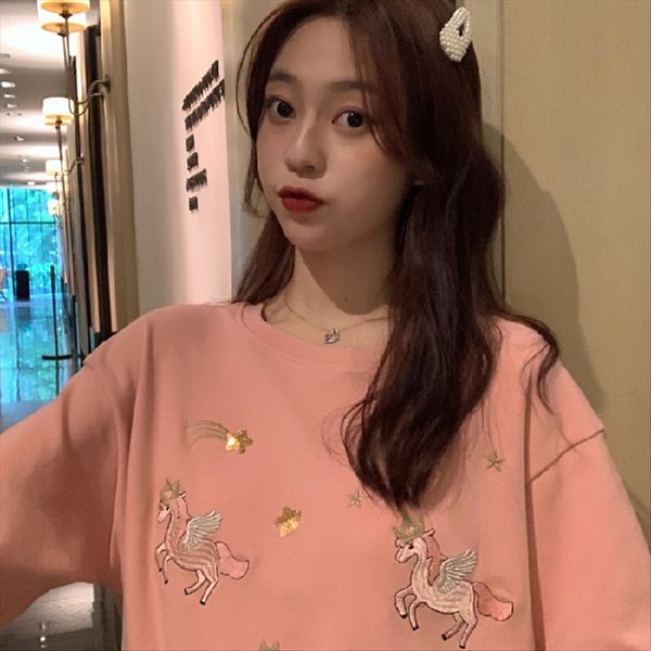 

short-sleeved t-shirt female ins fashionable t-shirt embroidery embroidery women's wear 2020 loose large size student half sleeve, White