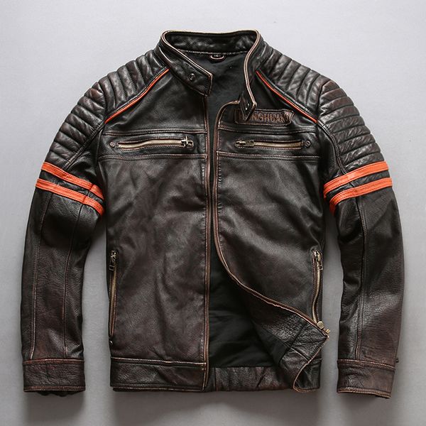 2019 marrom escuro MABOBO CLASS jaqueta de couro genuíno gola vaca jaquetas de couro da motocicleta com cabeça do crânio