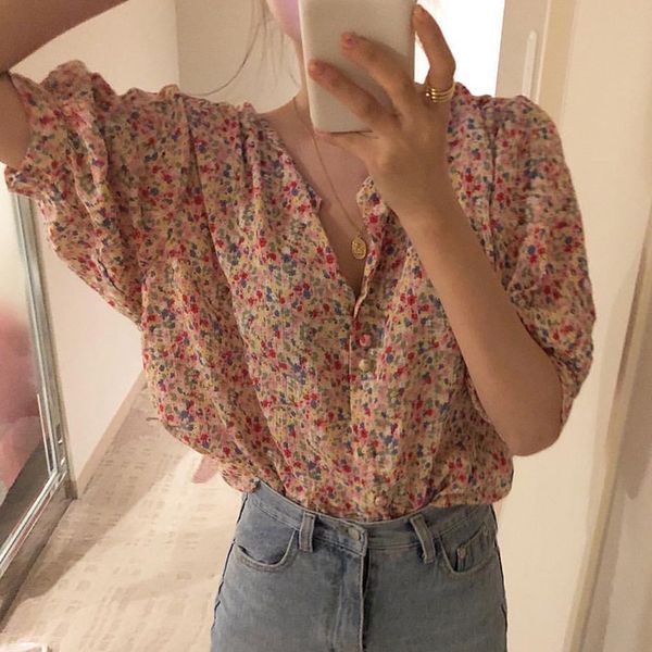 

sweet girl colorful flower print blouse puff sleeve shirt women chemise femme chemisier blusa mujer camisa summer, White