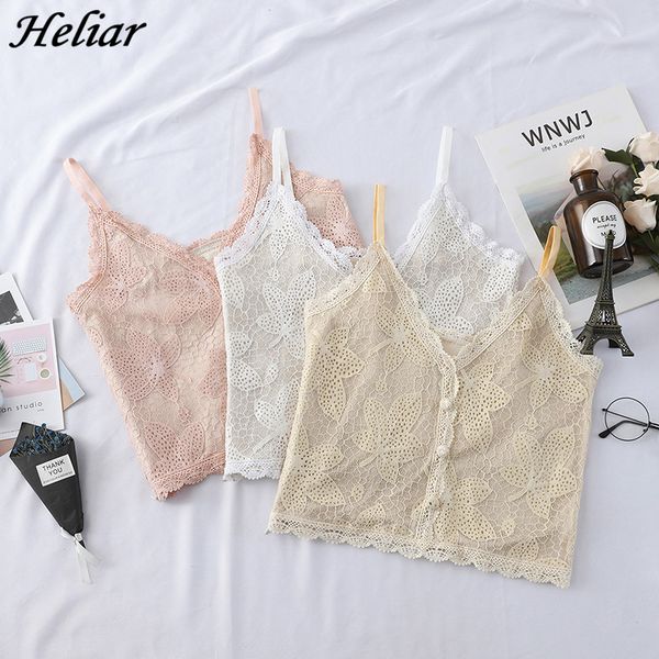 

heliar 2019 women tank summer ladies tank v-neck sheer lace casual sleeveless camisole wth buttons, White
