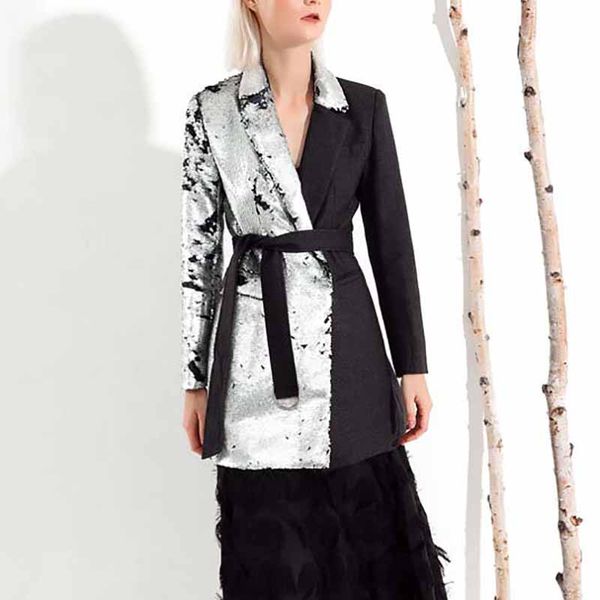 

yalee new fashion 2019 autumn contrast color stitching sequin notched collar long sleeve belt loose coat single suit women a878, White;black