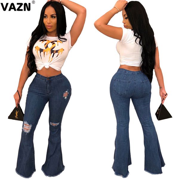 

vazn fashion 2020 new style women jeans solid hole popular hole women long pencil pants, Blue
