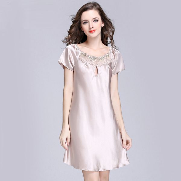 

new sweet young women silk nightgown printed fashion knee-length girl sleepwear summer ladies sleepshirts pink,camel,blue, Black;red