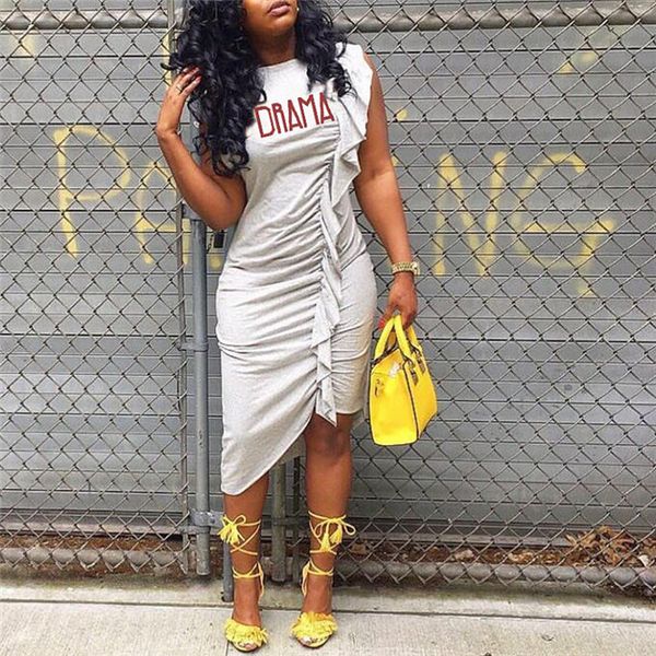 

Letters Print Asymmetrical Women Dresses O-neck Sleeveless Sexy Skinny Dress Women Summer Causal Knee Length Dresses