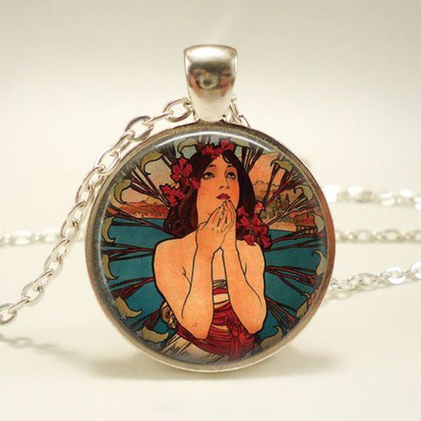 

classic people paintings pendants starry dome glass necklace for women silver chain art picture print fashion jewelry