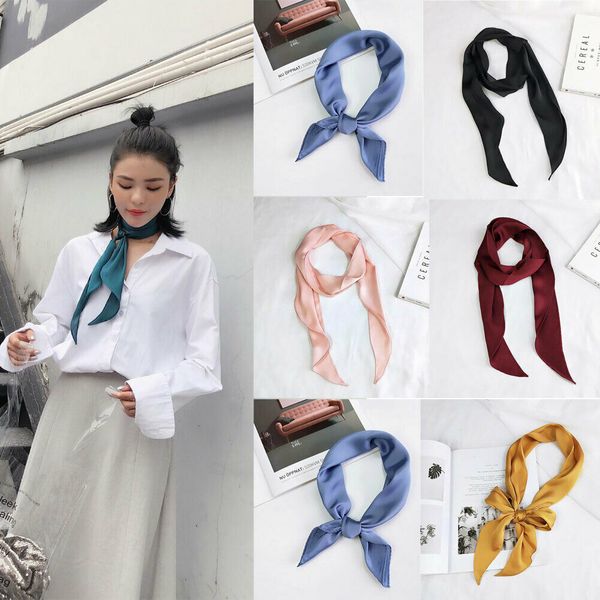 

women summer silk scarf solid color neckerchief small triangle hair scarves wraps, Blue;gray