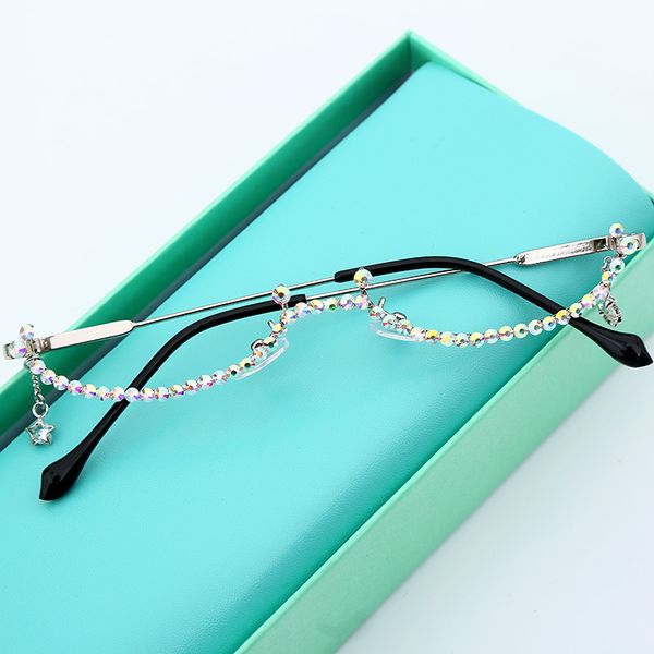 

fashion rhinestone eyeglasses alloy frame for women 2019 luxury diamond water drop chain pendant decoration half frame glasses, Black
