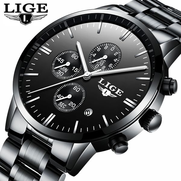 

lige fashion mens watches quartz watch men casual full steel waterproof sports wrist watch relogio masculino, Slivery;brown