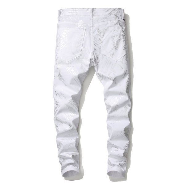 

sokotoo men's silver snake skin printed white jeans fashion slim fit stretch denim pants, Blue