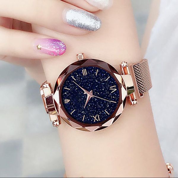 

women luxury starry sky watch rose gold megnet mesh band quartz wristwatch ladies magnetic fashion bracelet watches dress clock, Slivery;brown