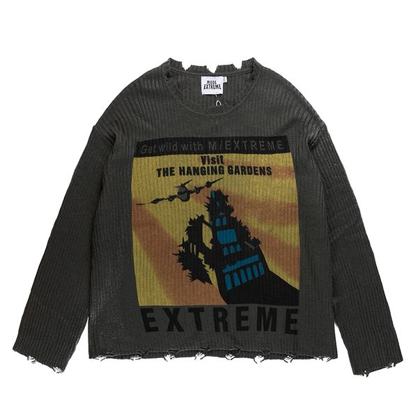 

hip hop frayed neck hem retro pattern sweaters lover autumn harajuku casual oversize swag men sweaters japanese streetwear, White;black