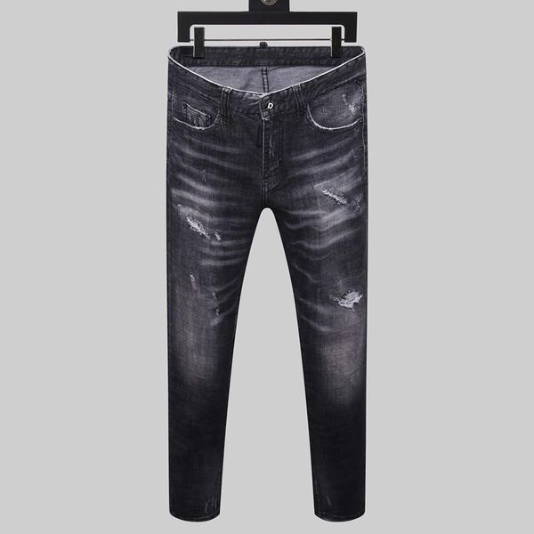 

europe and america high street fashion hole jeans men's fashion nostalgic gray wash amiri slim men's jeans, Blue