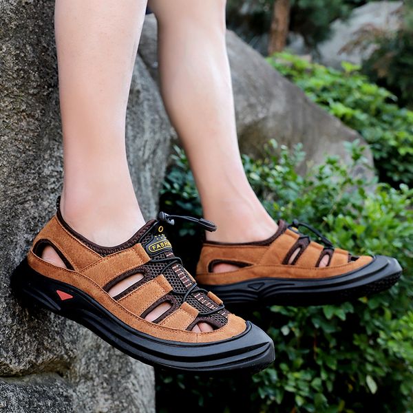 

sandals genuine leather men beach summer shoes plus size lightweight comfort, Black