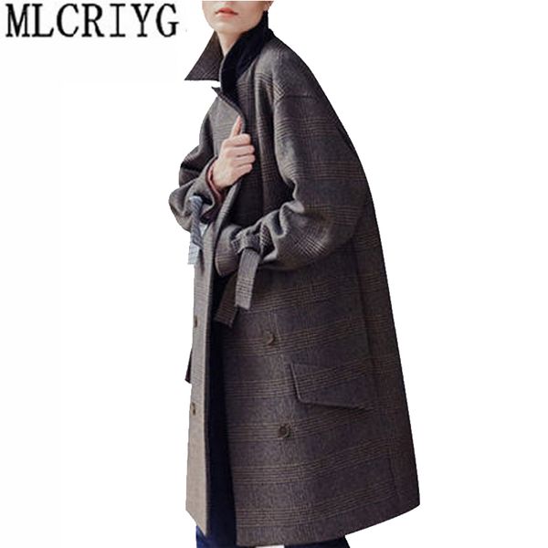 

women's winter coat elegant plaid overcoat new 2018 european double breasted woolen coats female long parka manteau femme, Black
