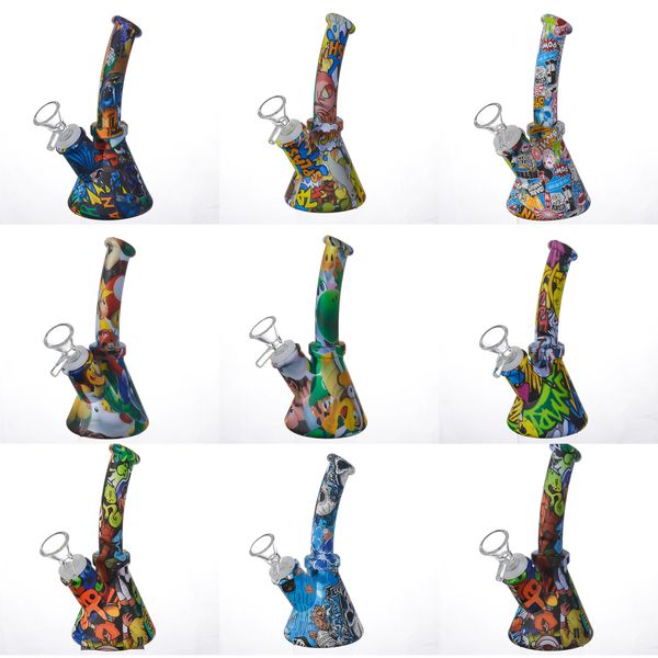 Silicone Bong 6.4 pollici Beaker Base Water Pipes stampa cartoon 14mm femminile bong infrangibile Silicone Downstem Glass Bowl