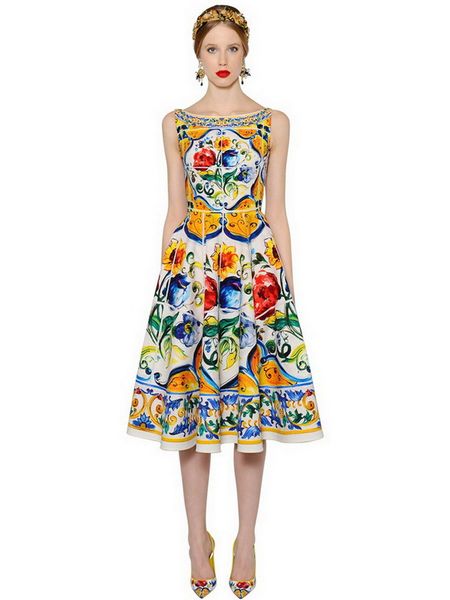 

2019 designer women dresses slash neck sleeveless female milan runway dress flore printed dresses vestidos de festa p158, Black