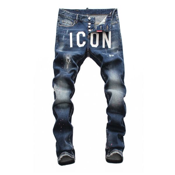 

new tide brand hole stretch elastic slim feet pants embroidered collage jeans designer fashion brand mens slim fit jeans men pants, Blue