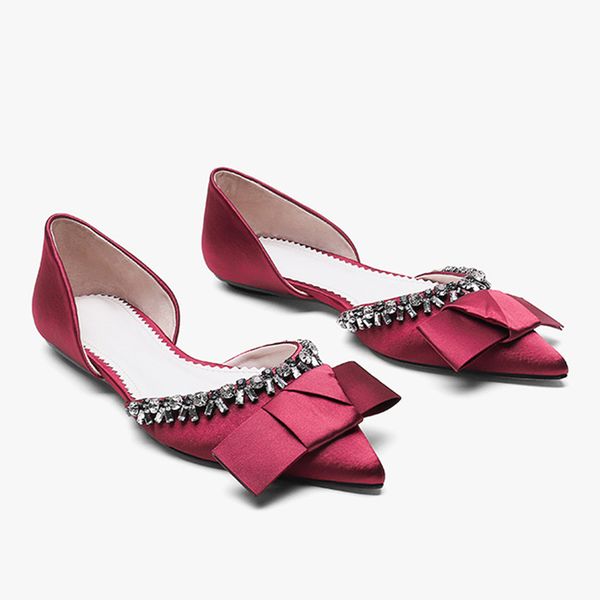 

2020 new spring summer sandals women's rhinestone pointed toe satin dark green fashion flat bow women's shoes steinmeier, Black