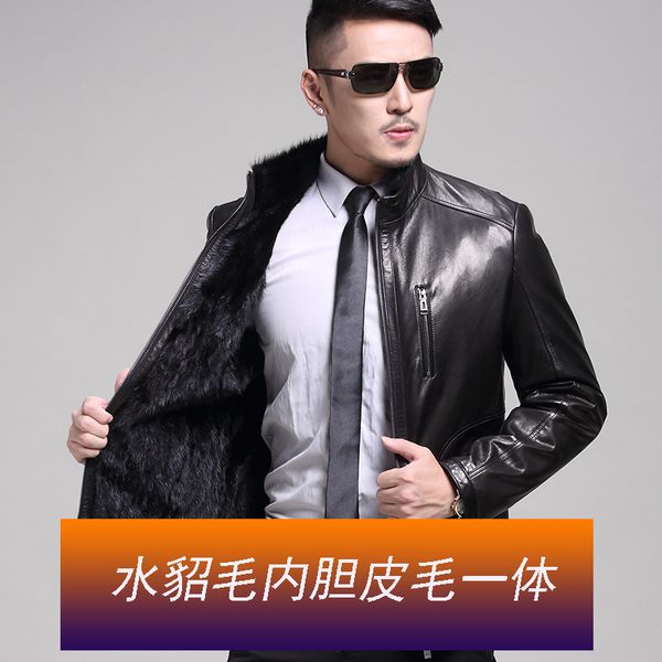

winter new liner fur one-piece jacket, leather leather coat, men's goat skin manufacturer wholesale, Black