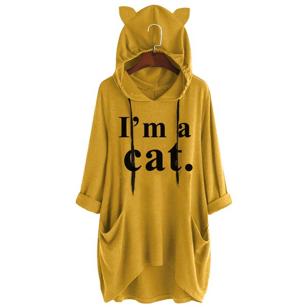 

harajuku cat ear hoodies for women kawaii i am a cat letter printed hooded sweatshirt oversized blouse with pockets outwear, Black