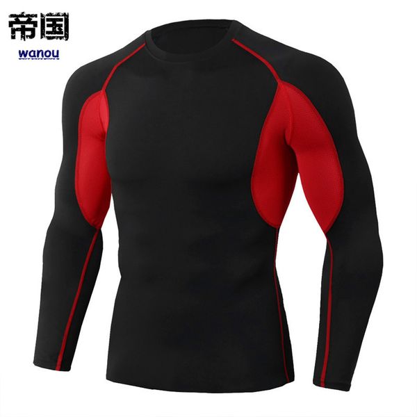 

sale sportswear bodysuit men new black red long tee fitness sports workout running basketball slim elastic quick dry breathable activewear, White;black