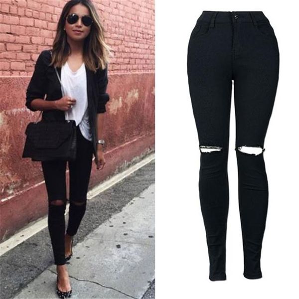 

hole jeans woman new black denim pencil pants skinny stretch fitness soft tights leggins jeans, Blue