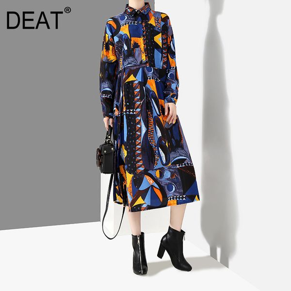 

deat] 2020 new autumn winter lapel long sleeve blue pattern prited loose large size pocket dress women fashion tide ji485, Black;gray