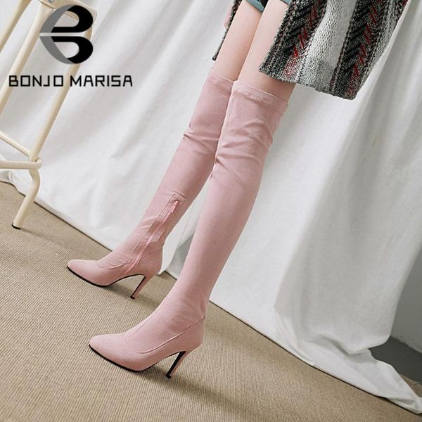 

boots bonjomarisa female fashion knee high pointed toe thin heel solid women winter designer casual shoes woman, Black
